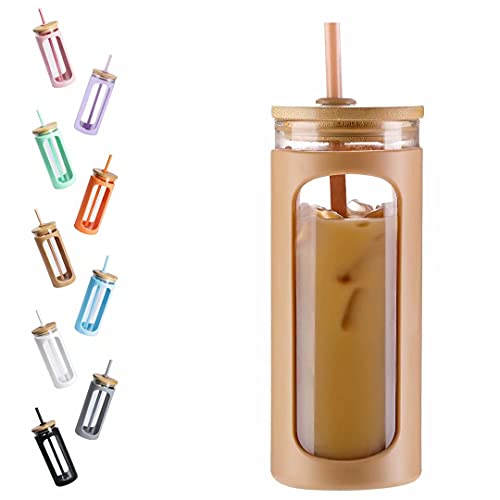 Glass Smoothie Cup, Bamboo Lid Stainless Steel Straw, Reusable Coffee Cup 