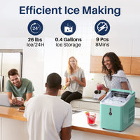 FREE VILLAGE Ice Maker Countertop, Portable Ice Maker with Self-Cleaning, 26 lb/24h, 9 Cubes in 6-8 Mins, Bullet Shape, Compact Ice Cube Maker with Ice Scoop/Basket, for Home/RV/Office/Bar, Green