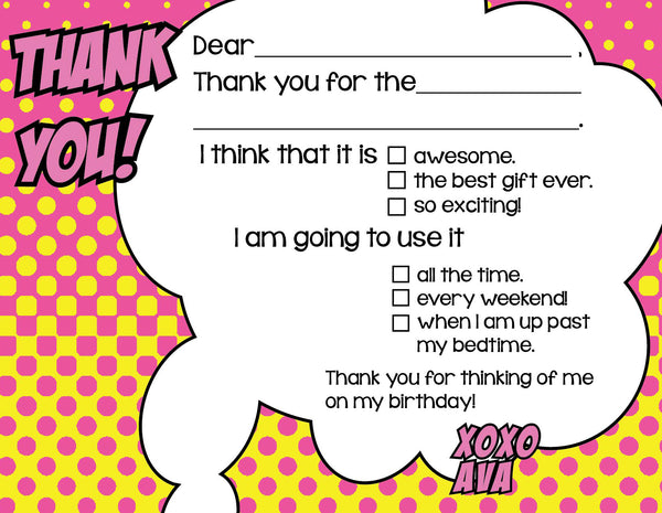 Girls Comic Fill-In Thank You Cards